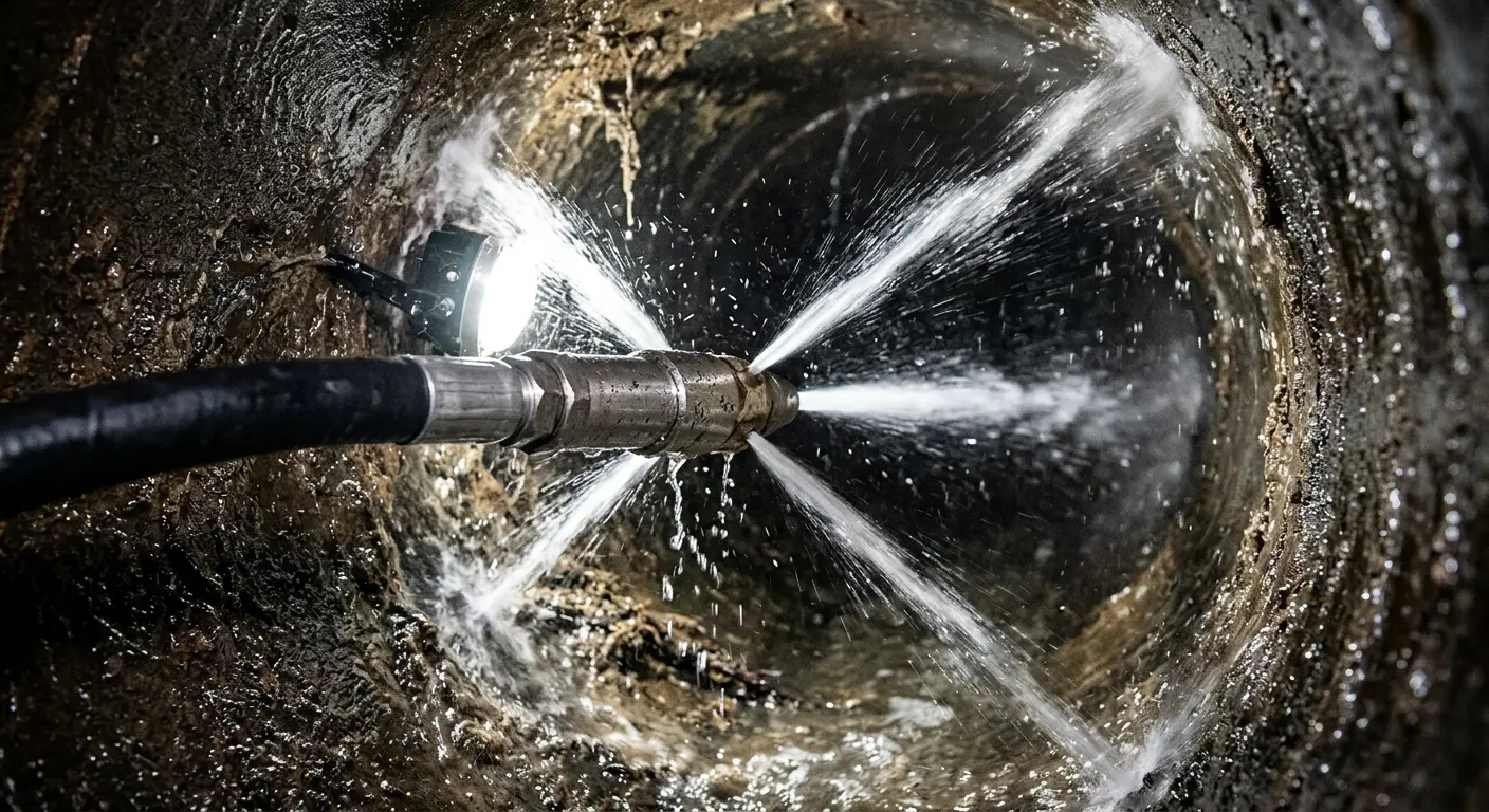 High-pressure hydro jetting nozzle cleaning sewer pipe for Sewer Cleanout in Barnegat