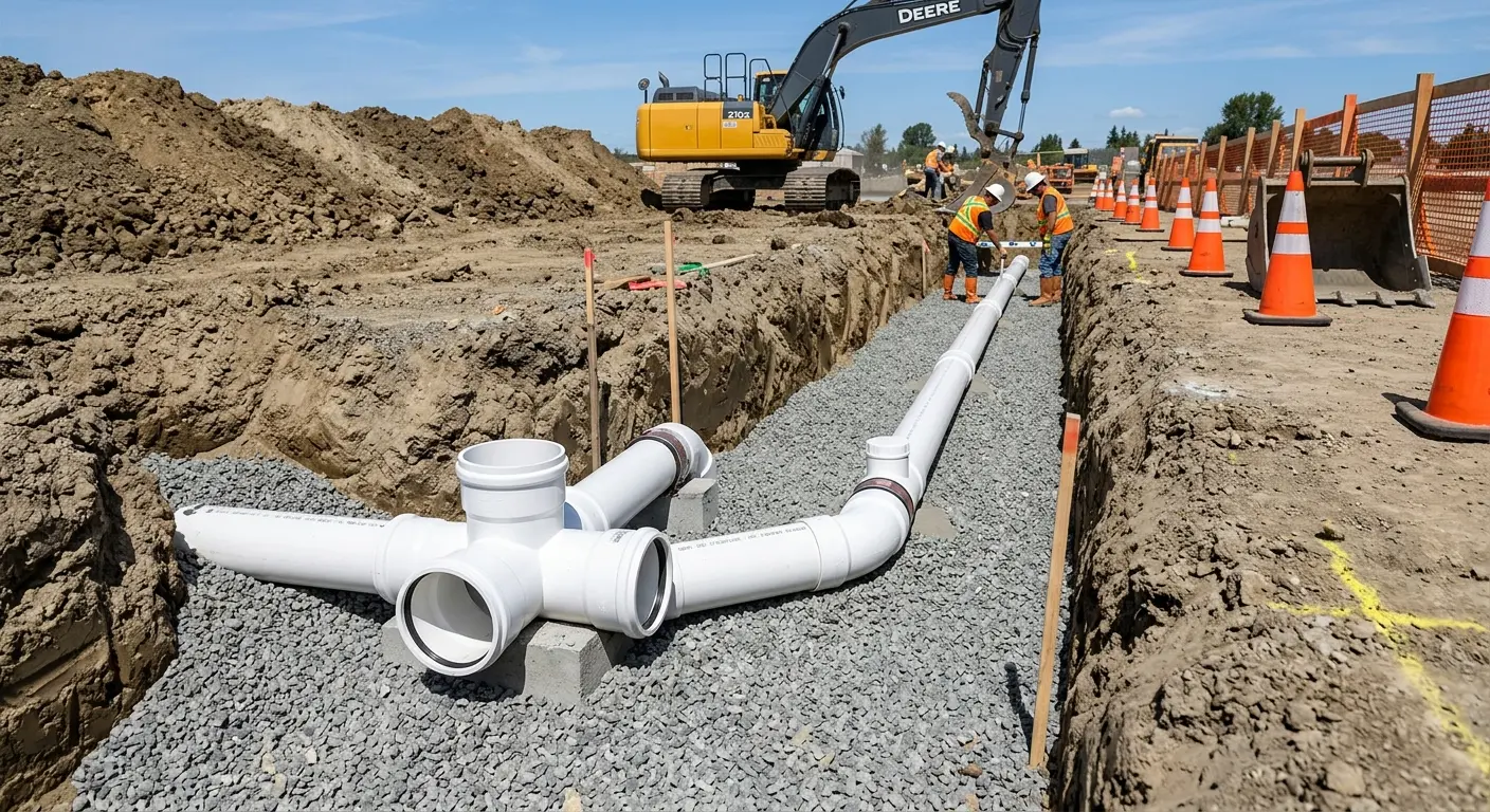 New PVC sewer pipe installation in open trench for Sewer Backup in Barnegat