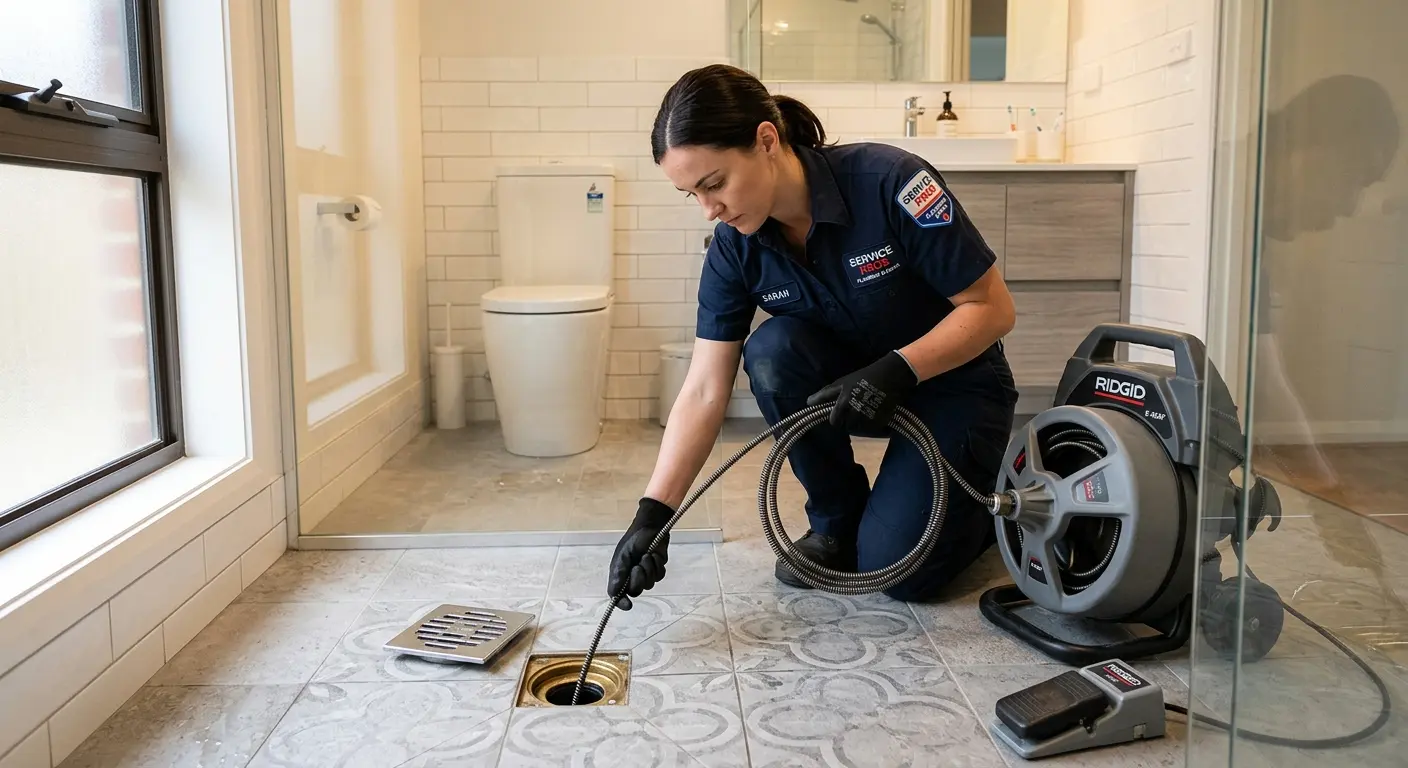 Technician clearing a bathroom floor drain for Hydro Jetting in Barnegat